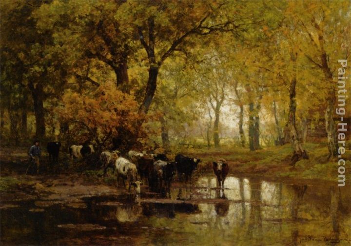 Julius Jacobus Van De Sande Bakhuyzen Watering Cows in a Pond